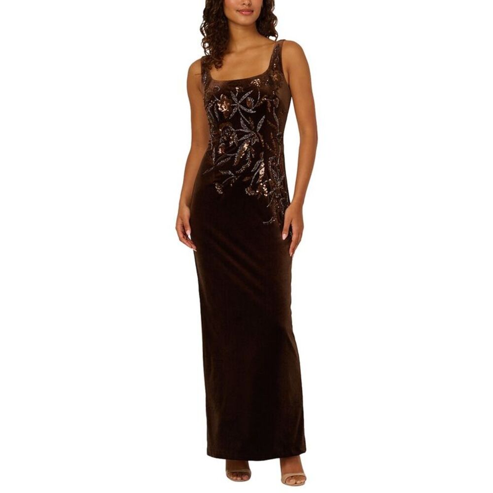 Adrianna Papell Womens Stretch Velvet Beaded Long Gown